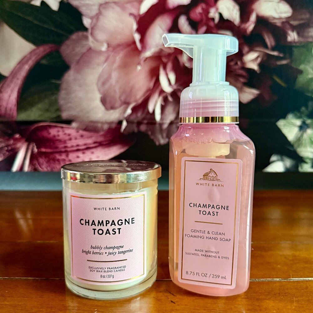 NEW 2-Pc CHAMPAGNE TOAST BBW Single Wick Candle & Foaming Hand Soap
